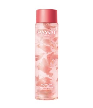 Transparent bottle with a pink cap, containing a lifting lotion infused with delicate pink petals, labeled "Payot Roselift Lifting Lotion" in elegant font.