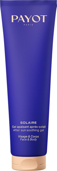 Purple tube of Payot Solaire After-Sun Soothing Gel, 150ml, featuring gold text and a sleek design, labeled for face and body use.
