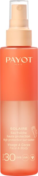 Payot Solaire High Protection Sun Water SPF30 in a 150ml spray bottle, featuring a gradient orange design with gold lettering, suitable for face and body protection.