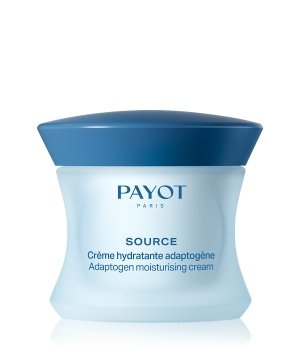 Light blue jar with a curved design, featuring a dark blue lid and "PAYOT" branding, labeled as "SOURCE Crème hydratante adaptogène" for hydration.