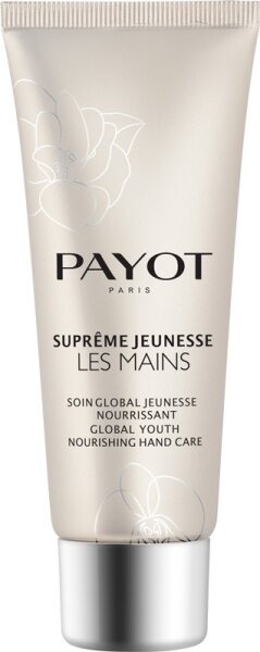 Silver and white tube of Payot Supreme Youth Hand Cream, featuring elegant floral design and black text, with a glossy finish and a 50ml capacity.