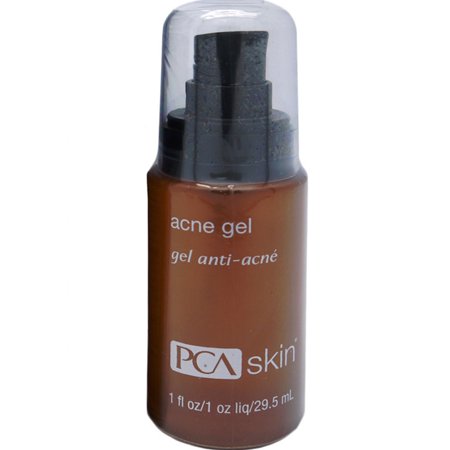 PCA Skin Acne Gel Advanced Treatment in a 1oz brown bottle with a black pump top, featuring a label with white text and a logo, designed to treat acne with salicylic acid.