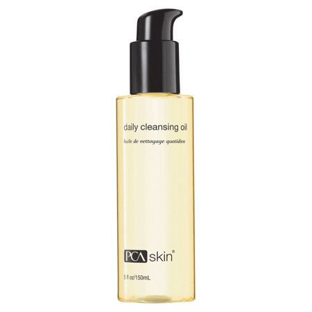 Transparent bottle with a black pump dispenser, containing yellow cleansing oil, labeled "PCA Skin Daily Cleansing Oil" in white text, 150ml/5oz size.