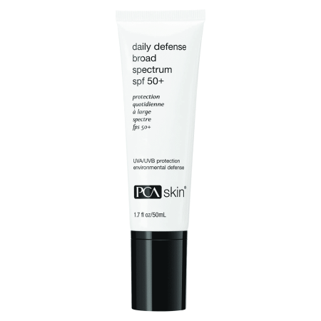 Black tube with a sleek design, labeled "PCA Skin Daily Defense Broad Spectrum SPF 50+" in white text, featuring a flip-top cap and a 50 mL capacity.