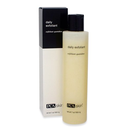Clear plastic bottle with a black cap, containing a light yellow exfoliant, next to a sleek black and white box labeled "PCA SKIN Daily Exfoliant."
