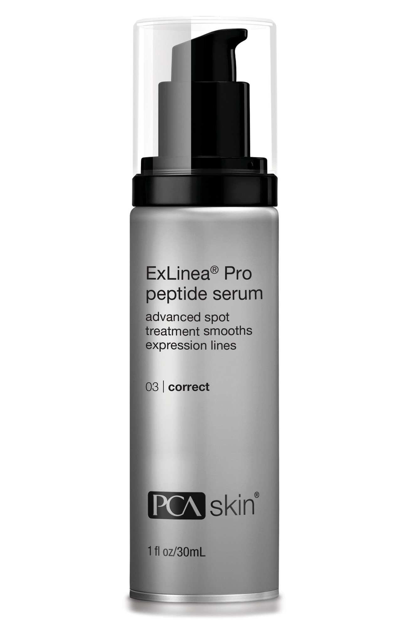 Silver cylindrical bottle with a black pump top, labeled "ExLinea Pro Peptide Serum" by PCA SKIN, designed for advanced spot treatment to smooth expression lines.