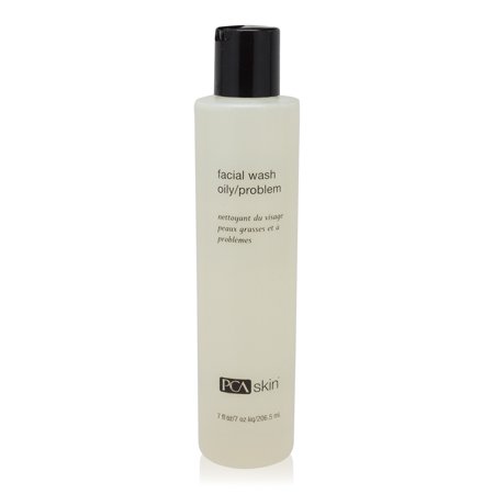 Clear plastic bottle with a black pump top, labeled "Facial Wash Oily-Problem" by PCA Skin, containing 7 oz of facial wash for unisex use.