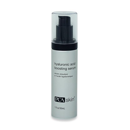PCA SKIN Hyaluronic Acid Boosting Serum in a sleek silver and black pump bottle, labeled with product details, featuring a clear cap and a 1 Fl. Oz. capacity.