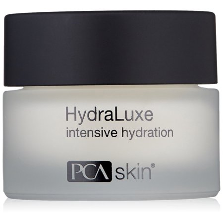 Clear glass jar with a frosted finish, black lid, and white label displaying "HydraLuxe intensive hydration" and "PCA skin," containing 53ml of cream.