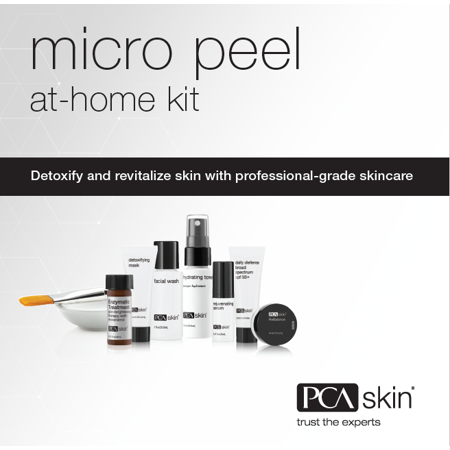 PCA SKIN Micro Peel at-Home Kit includes a silver mixing bowl, various skincare products in sleek packaging, and a black treatment disc, all set against a clean white background.