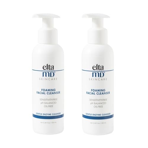 Two white bottles of Elta MD Foaming Facial Cleanser, featuring a pump top, labeled as sensitivity-free and pH balanced, with a minimalist design and blue text.