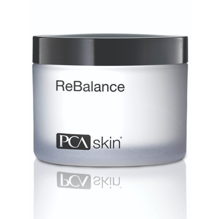 A frosted glass jar with a black lid, labeled "ReBalance" and "PCA skin," containing 47.6g/1.7oz of skincare product for women.
