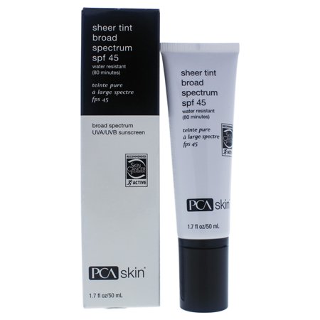 PCA SKIN Sheer Tint SPF Duo features a sleek white tube with a silver cap, labeled "Sheer Tint Broad Spectrum SPF 45," alongside a black and white box, both emphasizing sun protection.