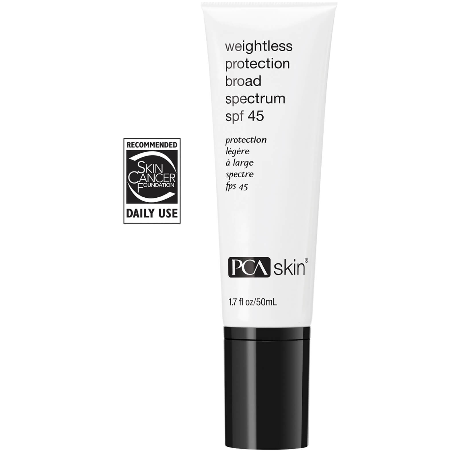 White tube with black accents, labeled "PCA Skin Weightless Protection Broad Spectrum SPF 45," featuring a flip-top cap and a recommended badge from the Skin Cancer Foundation.