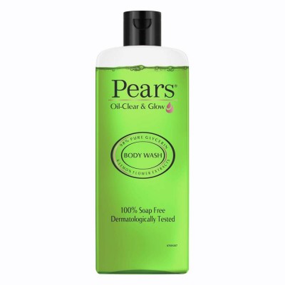 Transparent green bottle of Pears Body Wash, featuring a black flip-top lid, labeled with "Oil-Clear & Glow" and "Body Wash" in white text, highlighting lemon flower extracts.