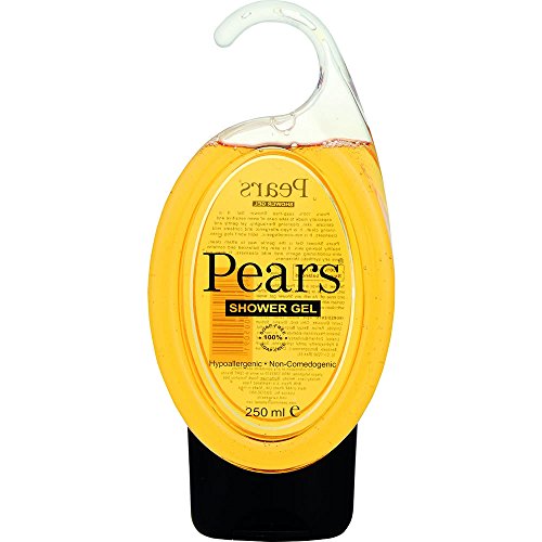 Transparent bottle of Pears Body Wash, featuring a yellow gel inside, with a curved top for easy hanging, labeled with "Pears" and details about being hypoallergenic.