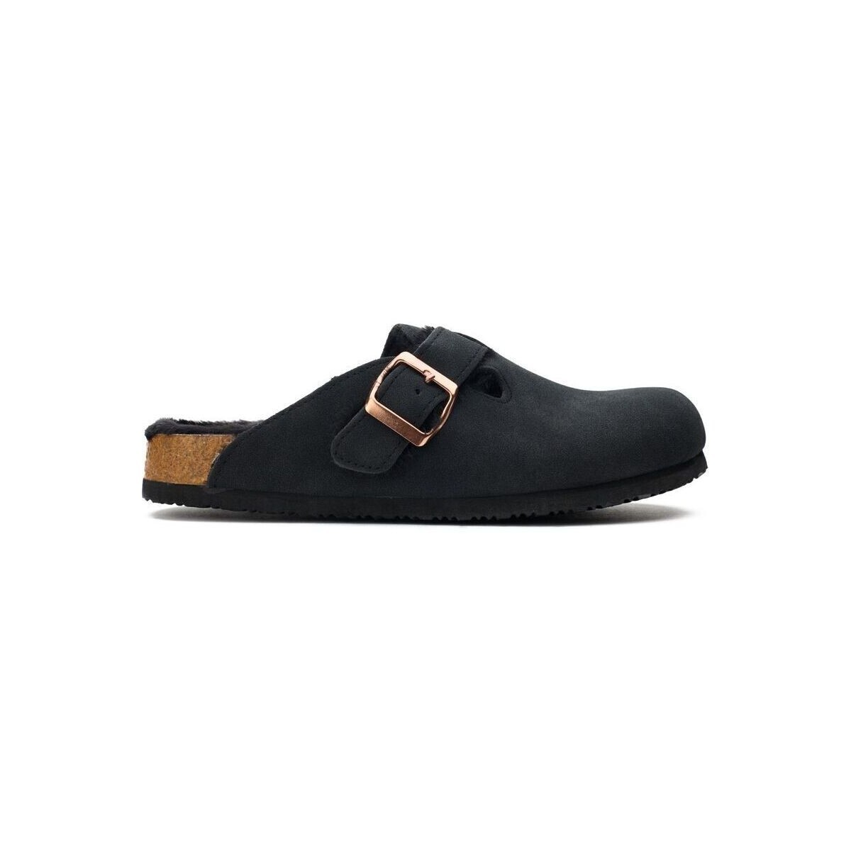 Black suede mules with a rounded toe, featuring a single adjustable buckle strap and a cork footbed for comfort.