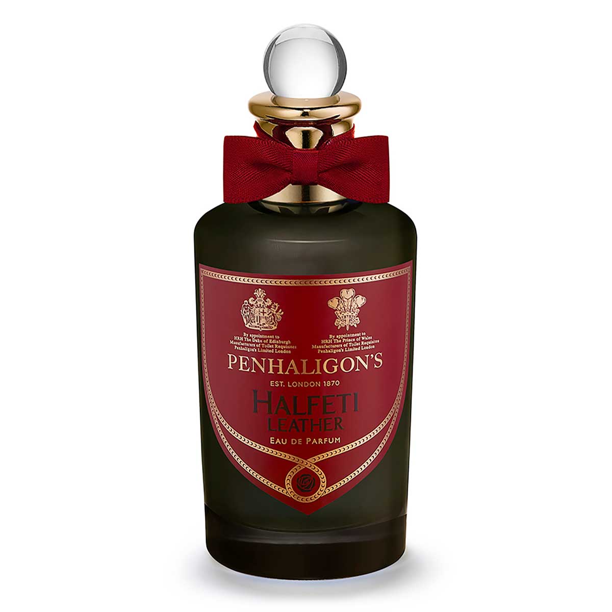 Dark green glass bottle with a red label and gold accents, featuring a round crystal cap and a red bow, containing Penhaligon's Halfeti Leather Eau De Parfum Spray 100ml.