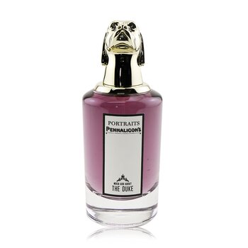 Elegant glass bottle of Penhaligon's Portraits Much Ado About the Duke, featuring a gold dog-shaped cap and a purple liquid, labeled with "THE DUKE" in black text.