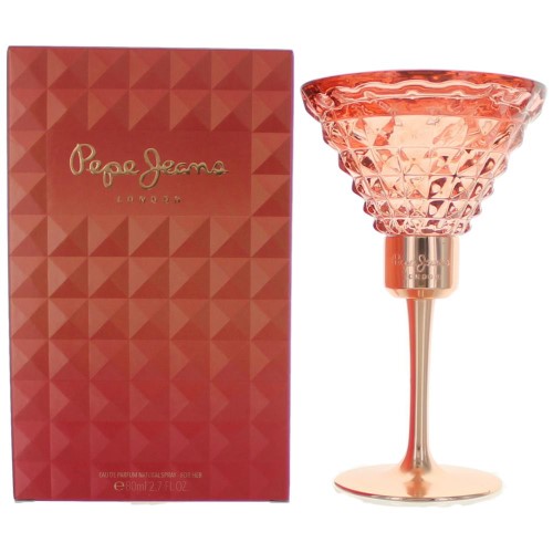 Pepe Jeans EAU DE PARFUM in a unique pink glass bottle shaped like a chalice, featuring a gold stem, alongside a geometric red box with gold lettering.