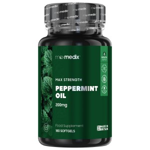 Green bottle of peppermint oil capsules, 200mg, containing 365 softgels, labeled as a natural supplement for bad breath and soothing for the stomach.