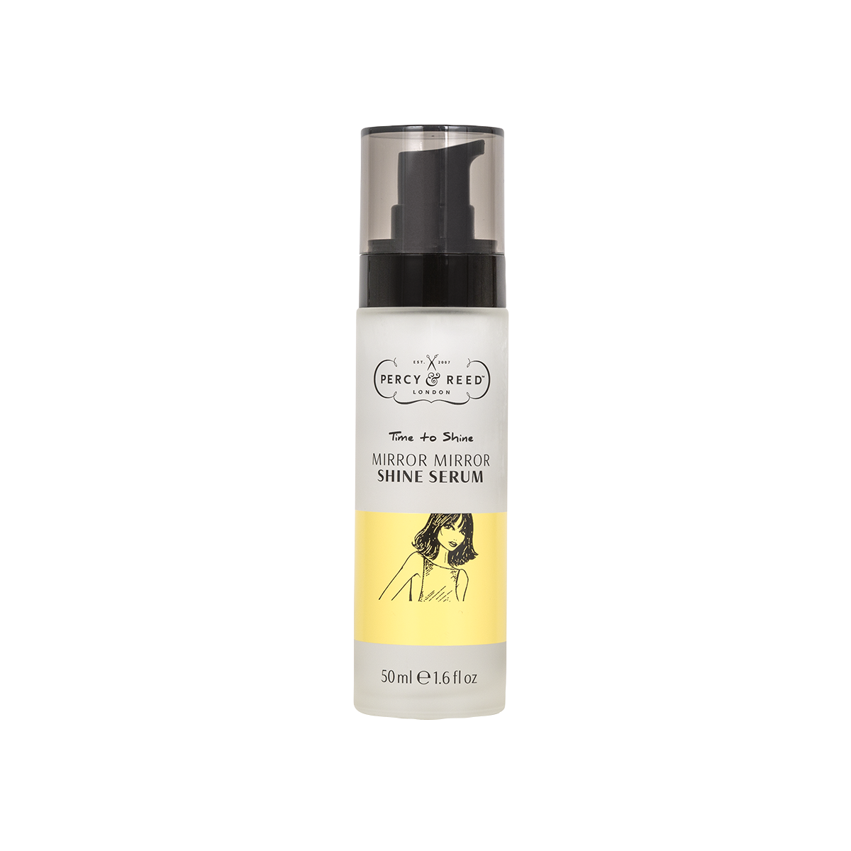 Clear plastic bottle with a black pump top, containing golden serum, labeled "Debenhams Time to Shine Mirror Mirror Shine Serum" by Percy & Reed, 50ml size.