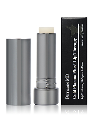 Silver cylindrical tube of Perricone MD Cold Plasma Plus+ Lip Therapy with a clear lip balm stick, accompanied by a black and white box featuring product details.