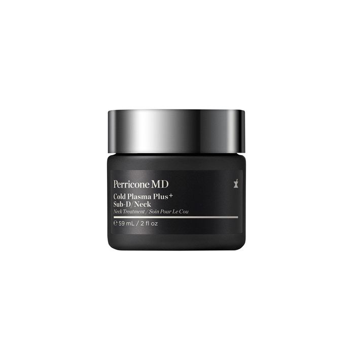 Black jar with a sleek design, labeled "Perricone MD Cold Plasma+ Sub-D Neck & Chest Therapy," 59ml, featuring a minimalist aesthetic and silver lettering.