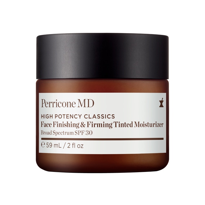 Brown glass jar with a black lid, labeled "Perricone MD High Potency Classics Face Finishing & Firming Tinted Moisturizer SPF 30," 59ml size.