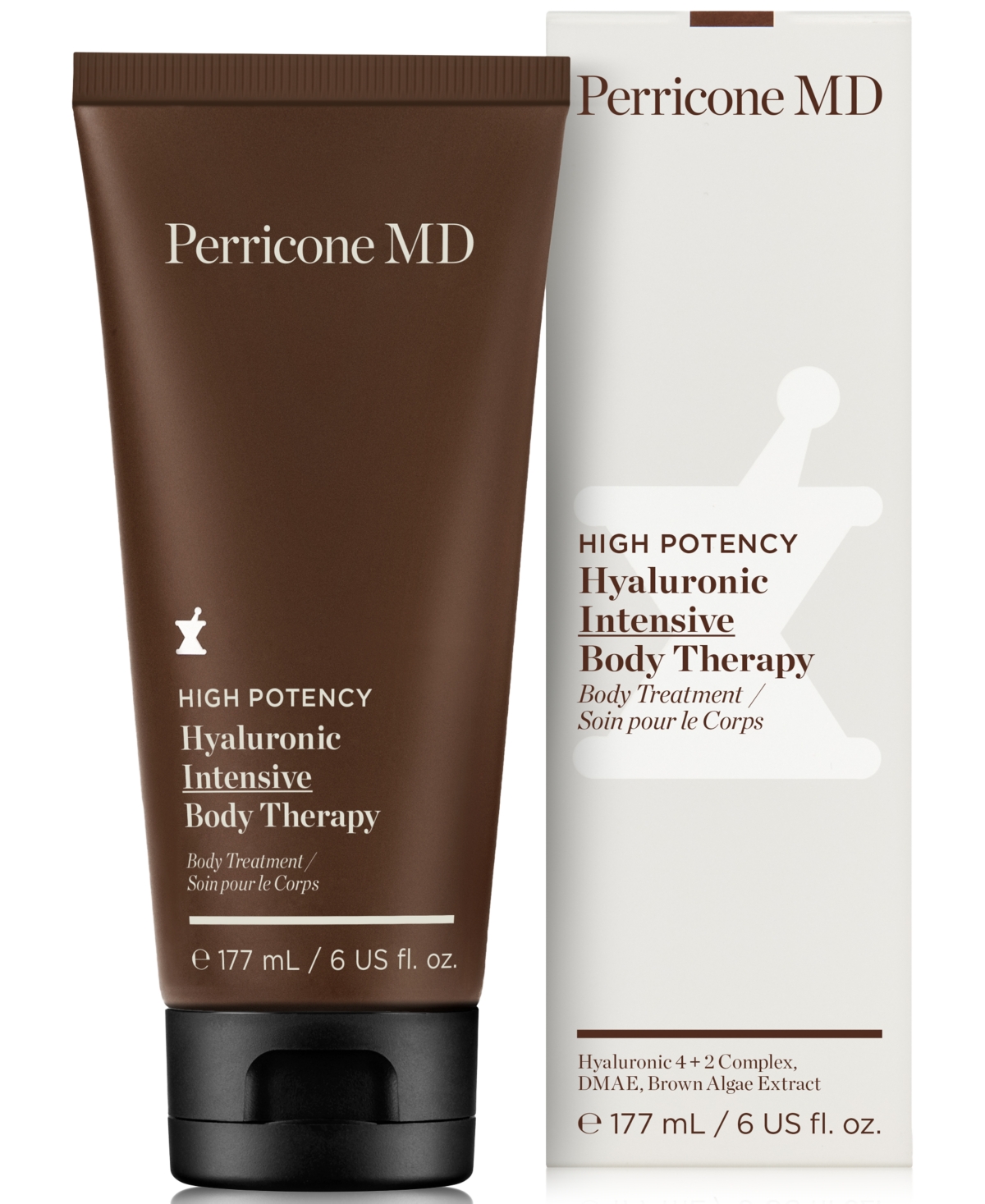 Brown tube with a flip-top cap labeled "Perricone MD High Potency Hyaluronic Intensive Body Therapy," featuring a white box with similar branding and product details.