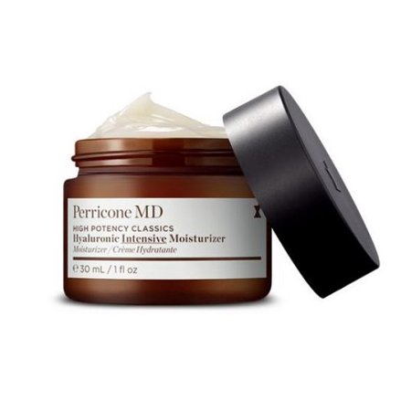 Amber glass jar with a black lid, labeled "Perricone MD High Potency Classics Hyaluronic Intensive Moisturizer," containing a creamy white moisturizer inside.