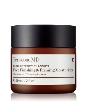 Amber glass jar with a black lid, labeled "Perricone MD High Potency Face Finishing & Firming Moisturizer," 59ml, featuring a white and black text design.