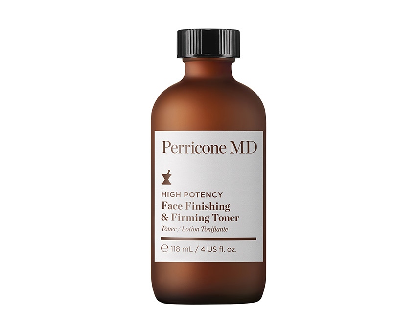 Brown glass bottle with a dark brown cap, labeled "Perricone MD High Potency Face Finishing & Firming Toner," 4 oz, featuring a minimalist design with white text.
