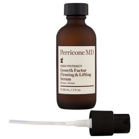 Brown glass bottle with a black pump top, labeled "Perricone MD High Potency Growth Factor Firming & Lifting Serum," 2 oz, featuring a minimalist design and white text.