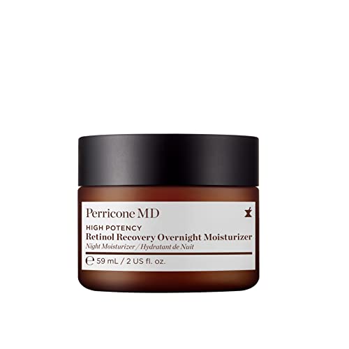 Brown glass jar with a black lid, labeled "Perricone MD High Potency Retinol Recovery Overnight Moisturizer," 2 oz size, featuring a white and black text design.