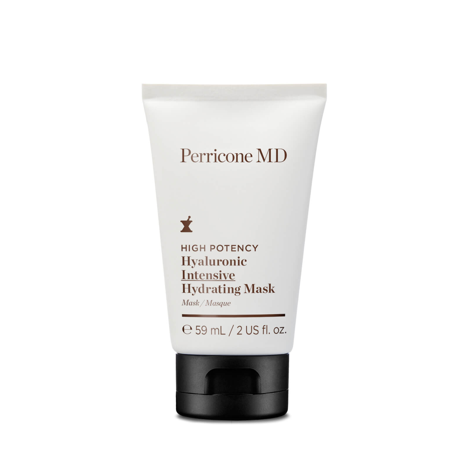 White tube with a black cap, labeled "Perricone MD High Potency Hyaluronic Intensive Hydrating Mask," containing 59 mL of product, featuring elegant typography and a minimalist design.