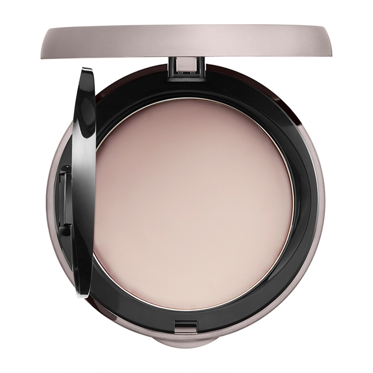 Round compact with a sleek, black exterior and a light pink interior, featuring a smooth, creamy texture designed to blur skin imperfections.