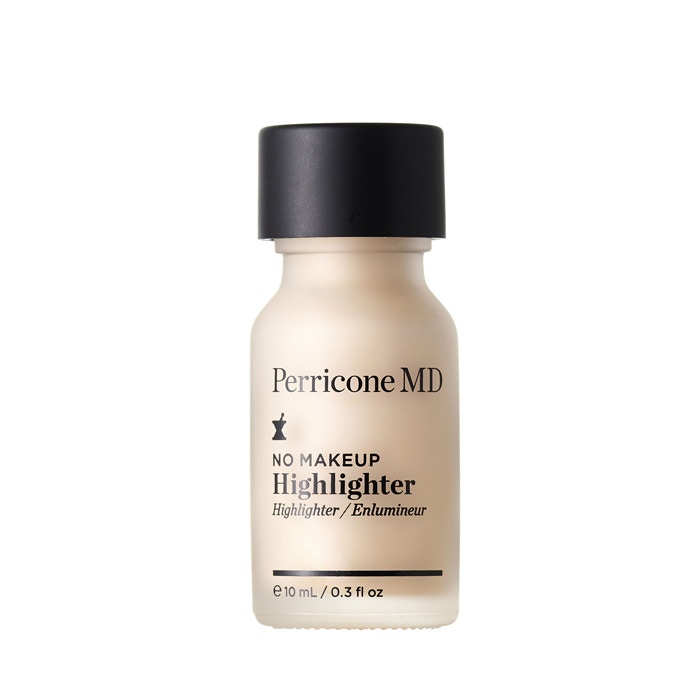 Perricone MD No Makeup Highlighter in a 10 ml frosted glass bottle with a black cap, featuring minimalist branding and a light beige liquid inside.