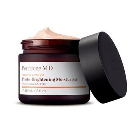 Dark brown jar with a black lid, labeled "Perricone MD Vitamin C Ester Photo-Brightening Moisturizer SPF 30," containing a light peach-colored cream.