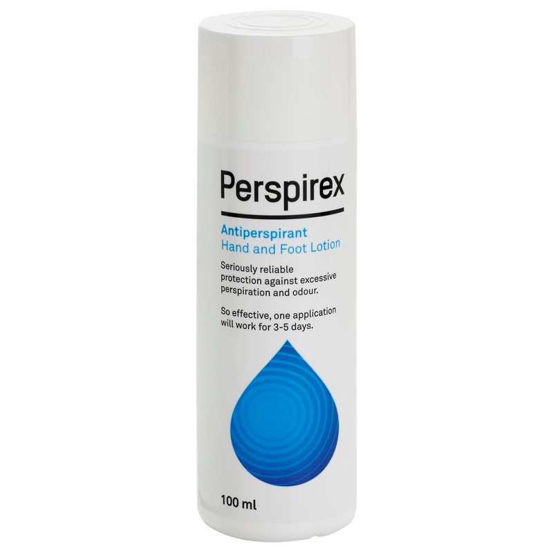 White cylindrical bottle of Perspirex Antiperspirant Hand & Foot Lotion, 100 ml, featuring a blue droplet design and text highlighting effectiveness against sweat and odor.