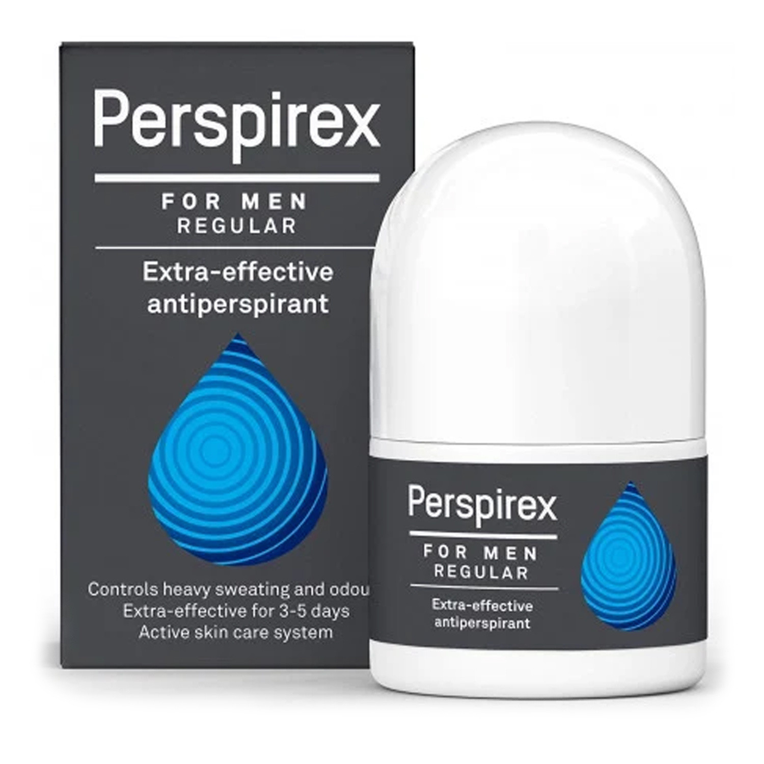 Perspirex for Men Regular antiperspirant roll-on in a white bottle with a blue droplet design, packaged in a black box featuring white text and a blue accent.