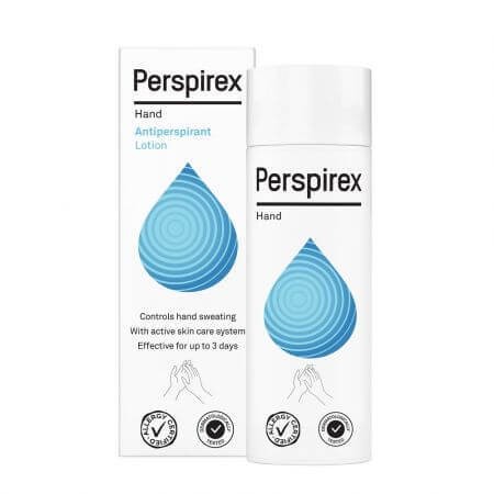 White cylindrical bottle with a flip-top cap, labeled "Perspirex Hand Antiperspirant," featuring a blue droplet design, alongside a matching white box.