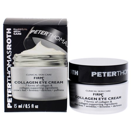White jar with a black lid labeled "Peter Thomas Roth FIRMx Collagen Eye Cream" in bold letters, accompanied by a sleek black box featuring similar branding and product details.
