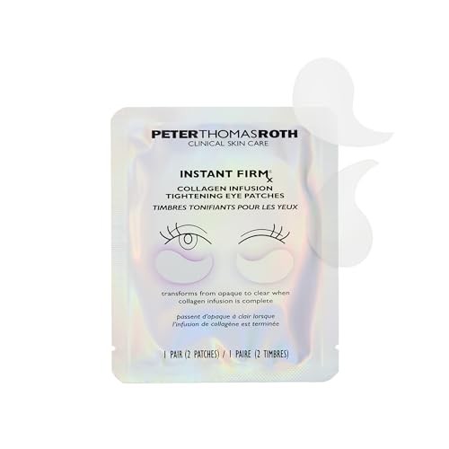 Peter Thomas Roth Collagen Infusion Tightening Eye Patches packaging features a holographic design with the product name and instructions, showcasing a sleek, modern aesthetic.