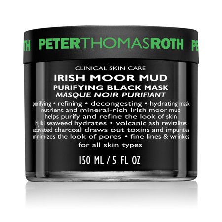 Black jar with a green lid labeled "Peter Thomas Roth Irish Moor Mud Purifying Black Mask," 150ml, featuring text about purifying and hydrating benefits for all skin types.