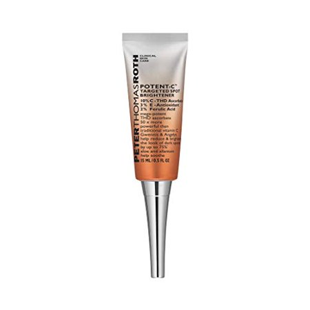 A silver and orange tube of Peter Thomas Roth Potent-C Power Targeted Spot Brightener, featuring a pointed applicator and labeled with product details and ingredients.