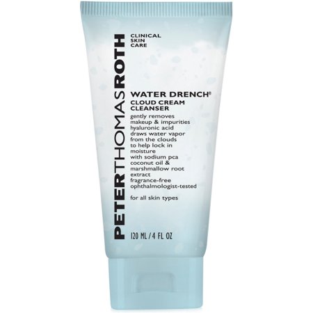 Light blue tube of Peter Thomas Roth Water Drench® Hyaluronic Cloud Makeup Removing Gel Cleanser, featuring a flip-top cap and labeled with product details in bold black text.