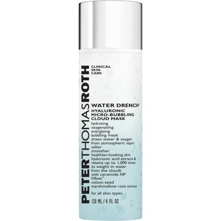 Clear bottle with a light blue gradient, featuring a silver cap, labeled "Water Drench Hyaluronic Micro-Bubbling Cloud Mask" by Peter Thomas Roth, 120 mL.