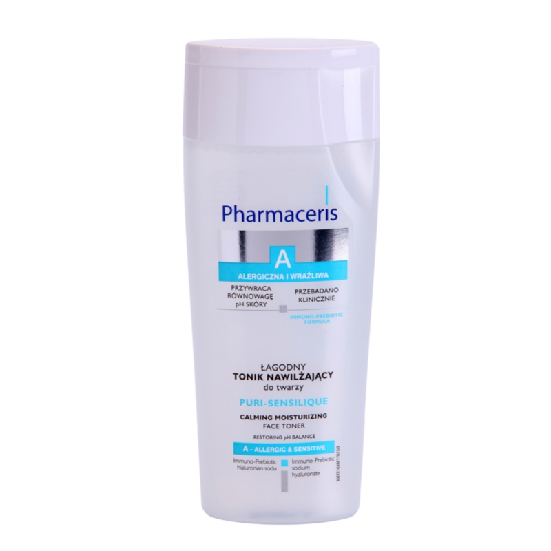 Clear plastic bottle with a white cap, labeled "Pharmaceris A - Puri-Sensilique Calming Face Toner," featuring blue and black text, designed for sensitive skin.