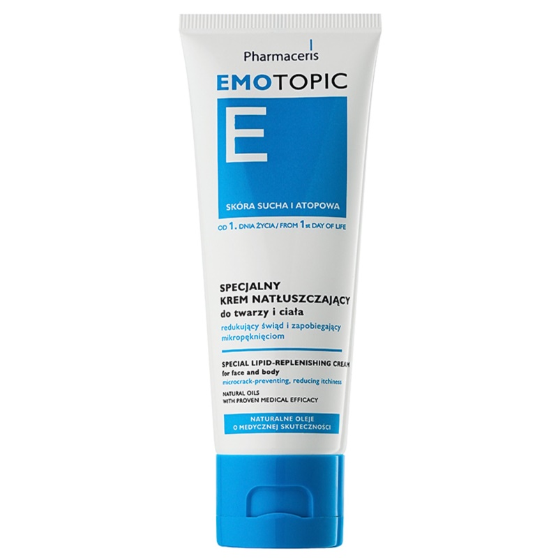 White tube of Pharmaceris Emotopic Special Lipid-Replenishing Cream, 75ml, featuring blue and green text, with a prominent "E" logo and a description of its moisturizing properties.